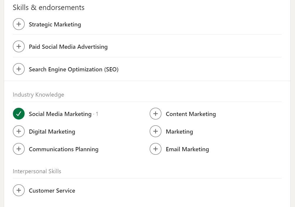 Kuva LinkedIn-profiilin Skills and endorsements-osiosta.